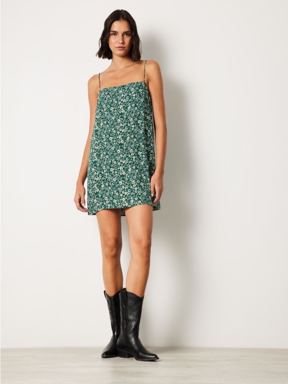Reformation Green Floral Spaghetti-Strap Mini Dress
